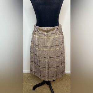 Vintage Jantzen brown plaid herringbone midi skirt belt detail elastic back 6 EC